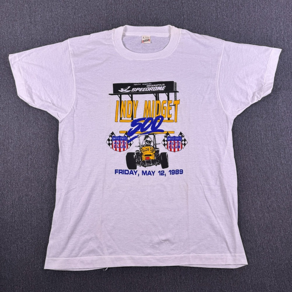 VTG Screen Stars Mens White Ninth Annual Indy Midget 500 Speedrome T-Shirt Large